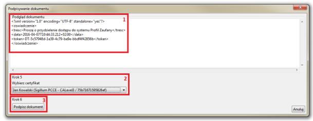 Rys. 13. Okno zawierające podgląd podpisywanego dokumentu (1), listę certyfikatów do wyboru (2) i przycisk Podpisz dokument (3). Rys. 14.
