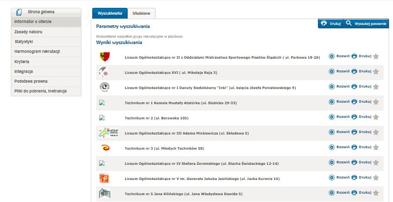 Proszę nacisnąć Rozwiń, aby zapoznać się z ofertę placówki, którą są Państwo zainteresowani W rozwiniętym podglądzie oferty widoczne są