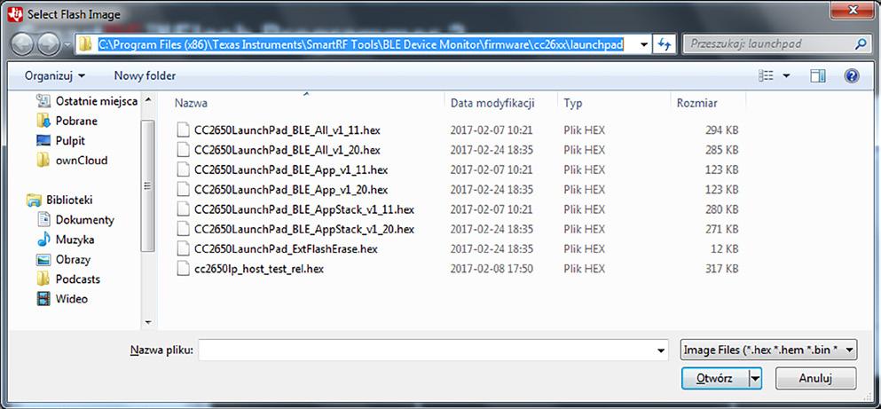 Rysunek 5. Wybór pliku z aplikacją firmową Na zakładce Main kliknij przycisk Browse. Nawiguj do folderu z plikami żródłowymi *.hex aktualizacji dla modułu CC2650LP (rysunek 5).