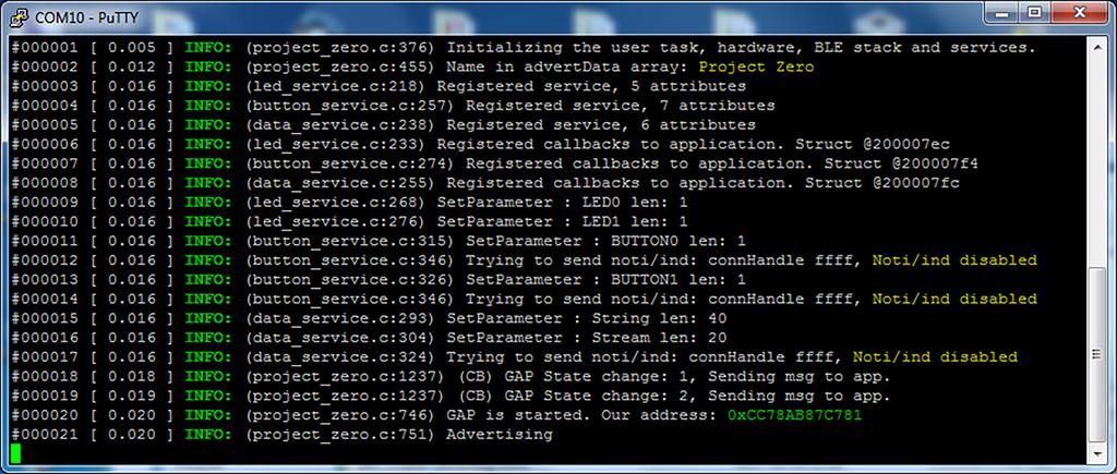 Rysunek 12. Informacje po operacji Reset na płytce zestawu CC2650 LaunchPad Rysunek 14. Serwisy obsługi modułu CC2650LP Rysunek 13.