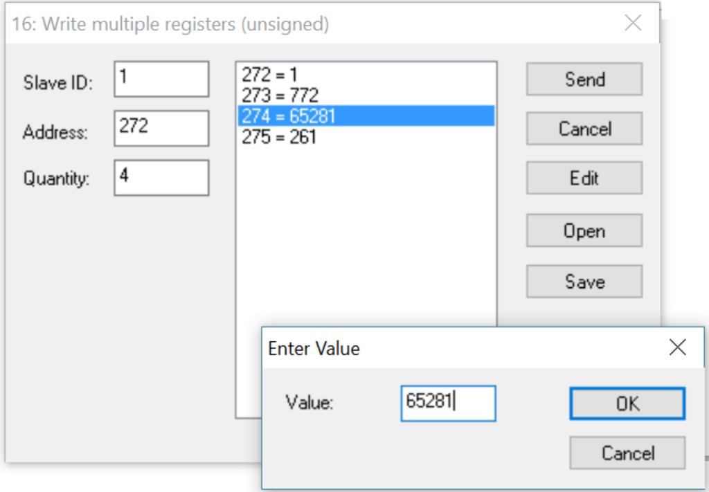 W polu Value ustaw wartość do zapisu. Przyciskiem Send zapisz wartość. Widzet funkcji 06 dla pojedynczego rejestru czytanego kodem 03.
