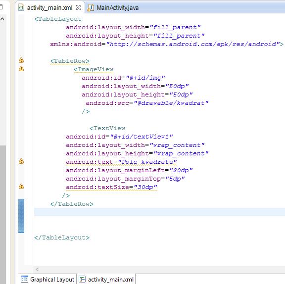 Przechodzę teraz do edycji pliku XML określającego layout naszej głównej aktywności. Będziemy edytować ręcznie, więc tym razem nie wybieramy Graphical Layout a activity_main.