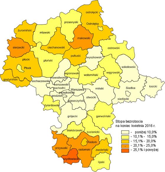 Rysunek 1 Stopa bezrobocia na koniec kwietnia Źródło: opracowanie GUS Bezrobotni oraz stopa bezrobocia według województw, podregionów i powiatów kwiecień Spadek stopy bezrobocia odnotowano w 41