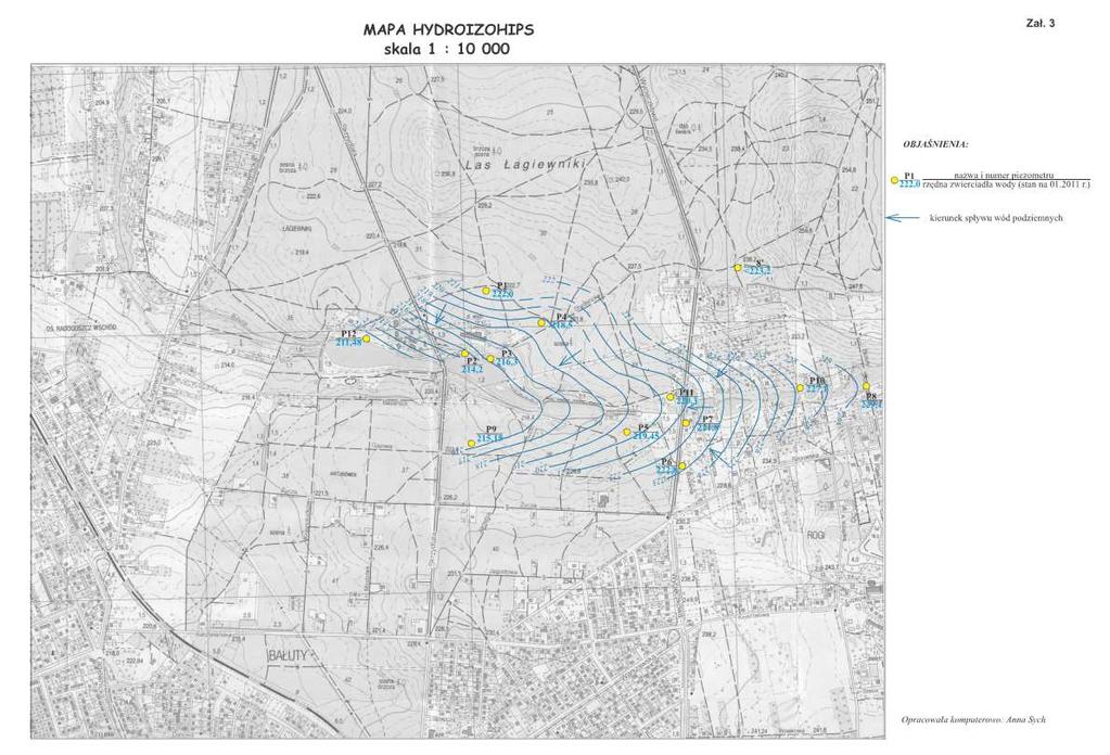 Lokalizacja sieci piezometrów w zlewni rzeki Bzura przedstawiona na mapie hydroizohips Wyniki prowadzonego monitoringu wykazały wpływ wielkości opadu deczszu na stan ilości i jakości wód w wybranych