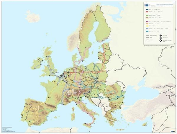 Dziewięć korytarzy sieci TEN-T w Europie: Morze Bałtyckie - Morze Adriatyckie Morze Północne - Morze Bałtyckie Morze Śródziemne Wschód