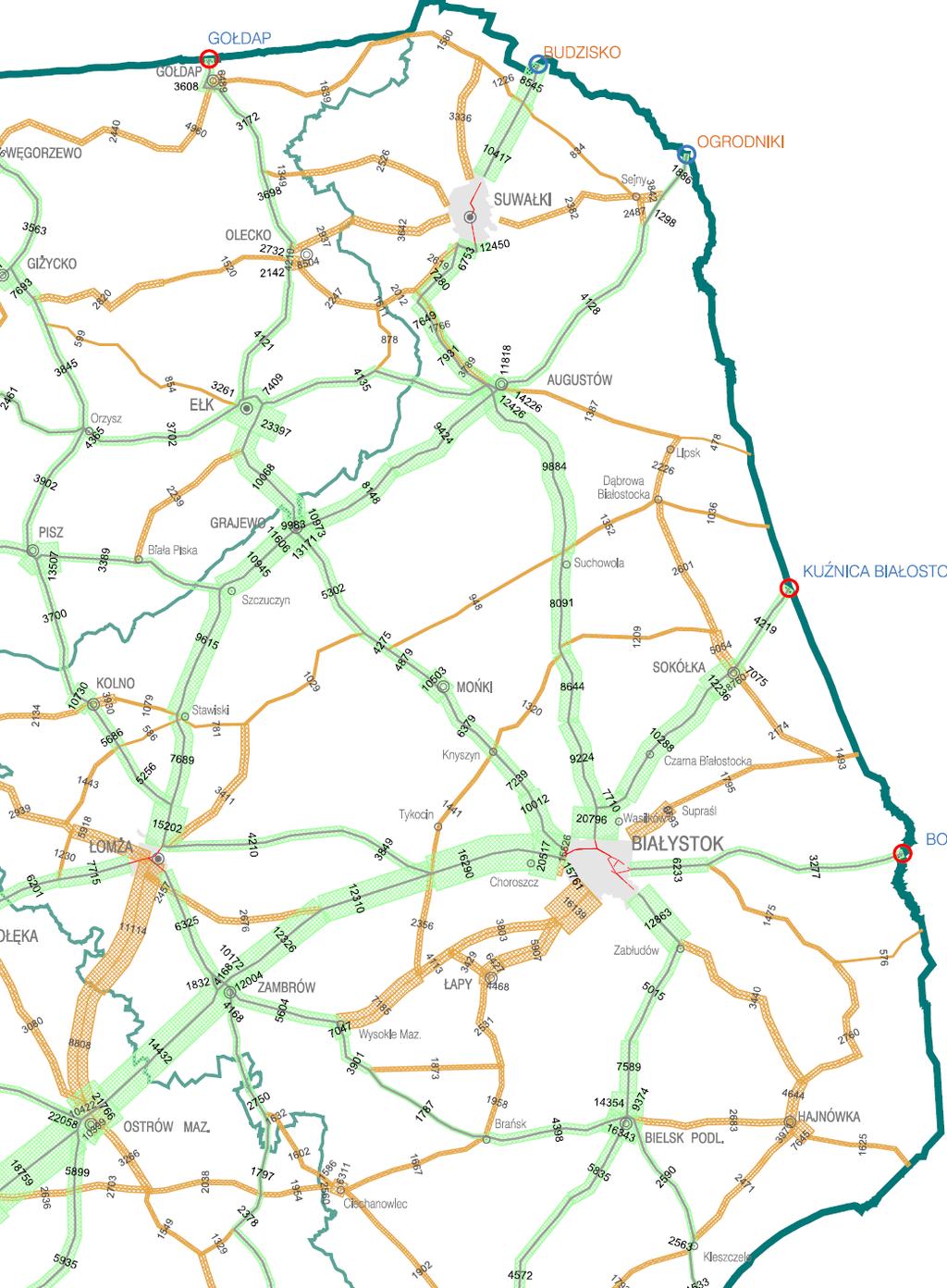 Generalny Pomiar Ruchu 2015 Średni dobowy ruch roczny pojazdów silnikowych na drogach krajowych i wojewódzkich w 2015 r. województwo podlaskie (źródło: www.gddkia.