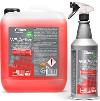 CLINEX W3 ACTIVE BIO, preparat do codziennego mycia sanitariatów i łazianek Kod: 77-512 (1 L), 77-517 (5 L) delikatny preparat myjący na bazie kwasu cytrynowego do codziennego mycia sanitariatów