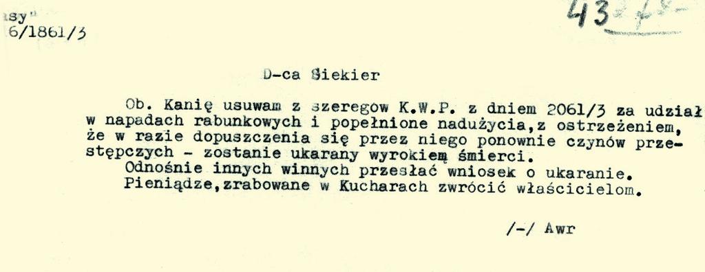 Rozkaz usunięcia z KWP szeregowego Kani, kwiecień 1946 r.