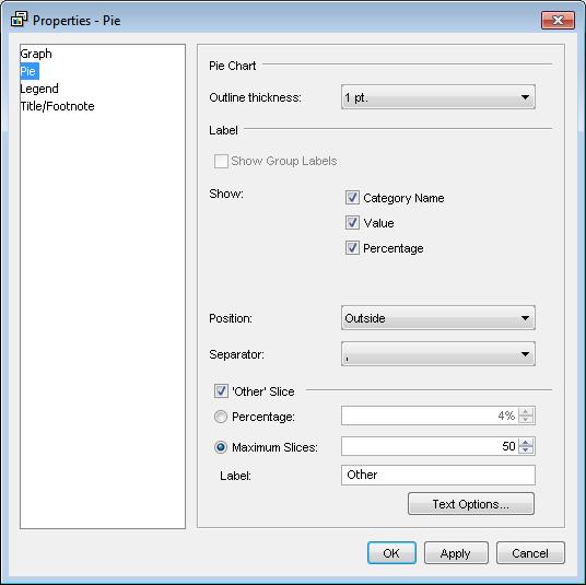 Segment Size Po wyświetleniu wykresu kołowego można kliknąć prawym przyciskiem myszy na wykresie i wybrać Graph Properties, a następnie