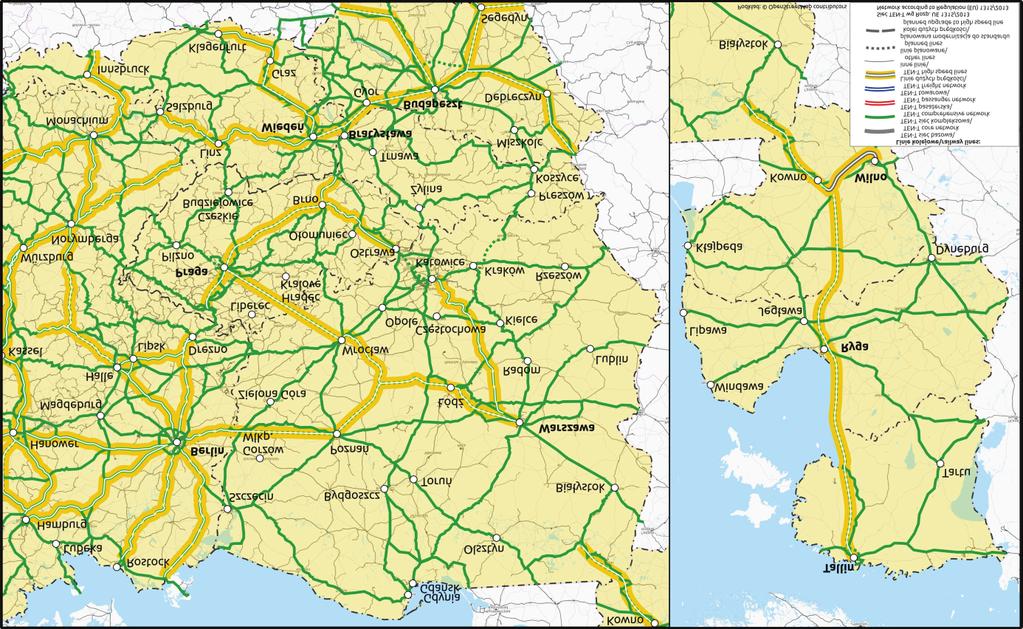 Układ korytarzy i linii sieci TEN-T na obszarze Polski