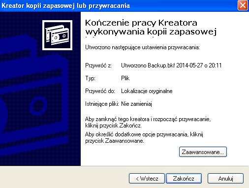 Krok 19 Rozwiń plik backup.bkf Zaznacz opcję Stan systemu. Kliknij przycisk Dalej.