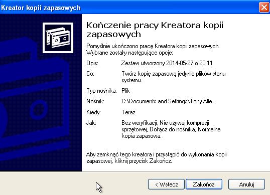 Krok 13 Pojawi się ekran "Zakończenie kreatora archiwizacji".