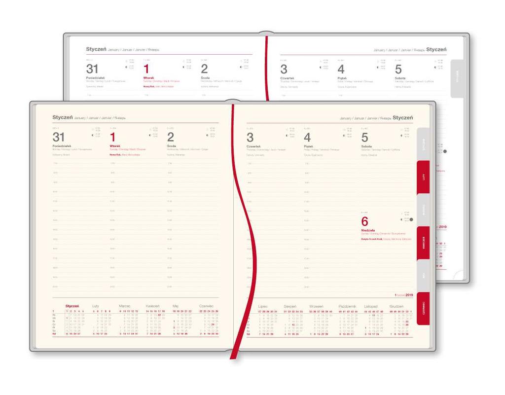 OPIS KALENDARZY 2019 UKŁAD TYGODNIOWY A4 tygodniowy, symbol Bt Układ tygodniowy (tydzień na dwóch stronach) Wymiary