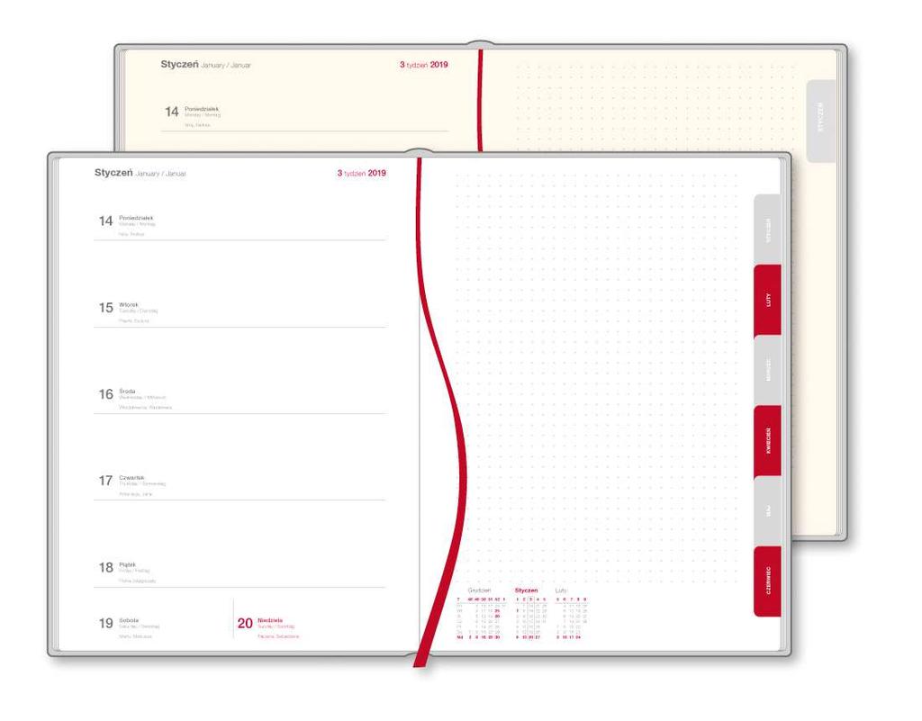 stronie) Wymiary kalendarza 20,5 x 28 cm, 152 strony Papier offset 80g/m² biały lub chamois (kremowy) Kalendarium: