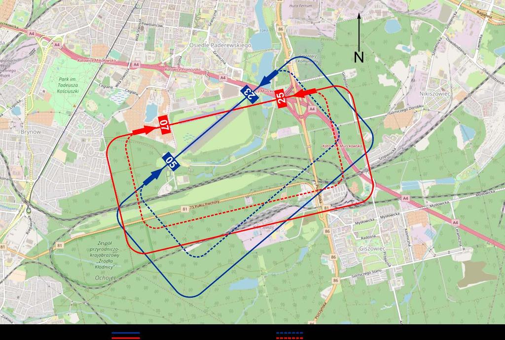 Budowa kręgu nadlotniskowego 3.2.1. Dla wszystkich statków powietrznych obowiązuje krąg nadlotniskowy po południowej stronie lotniska: prawy na kierunku 07 i 05 oraz lewy na kierunku 23 i 25.