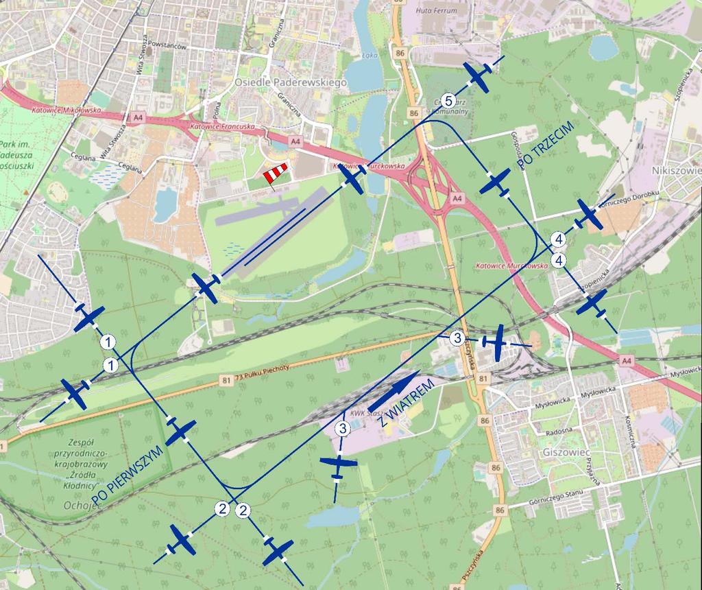 3.2.16. Dopuszczalne sposoby wlotu i wylotu z kręgu nadlotniskowego na kierunku 23: 1. Wloty i wyloty w zakręcie pierwszym, 2. Wloty i wyloty w zakręcie drugim, 3.