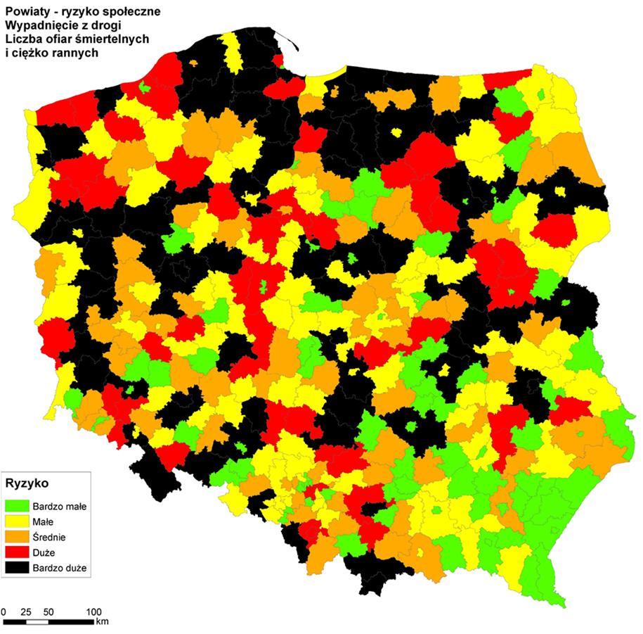 Ryzyko społeczne, wypadnięcie pojazdu drogi, LOSiCR powiaty, lata 2015-2017 z Klasa ryzyka Poziom ryzyka [Liczba] LOSiCR [of. śmiert.