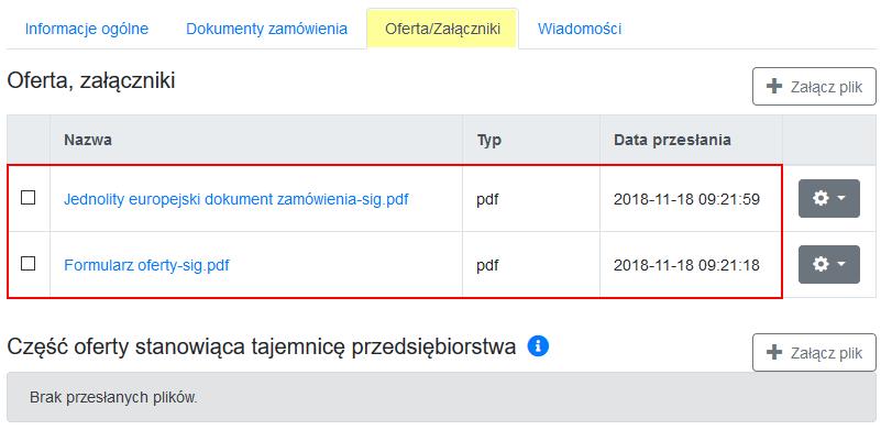 zewidencjonowane na karcie Oferta/Załączniki: UWAGA