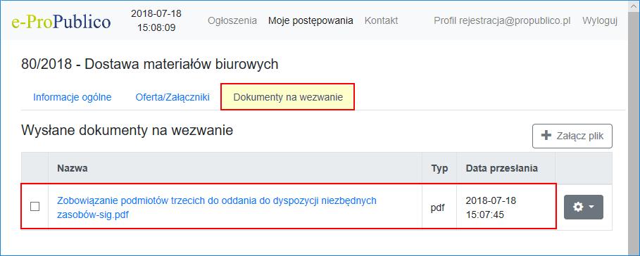 Dodatkowo Wykonawca, po prawidłowym przesłaniu pliku, może pobrać automatycznie wystawiony przez Platformę dokument EPO