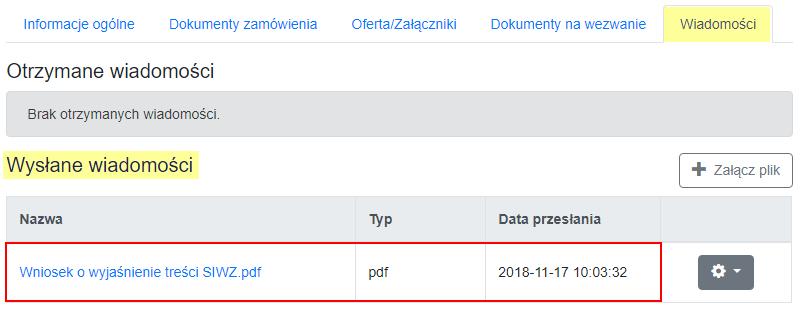 (Nazwa, Typ, Data przesłania) zostaną zewidencjonowane na karcie Wiadomości, w części Wysłane