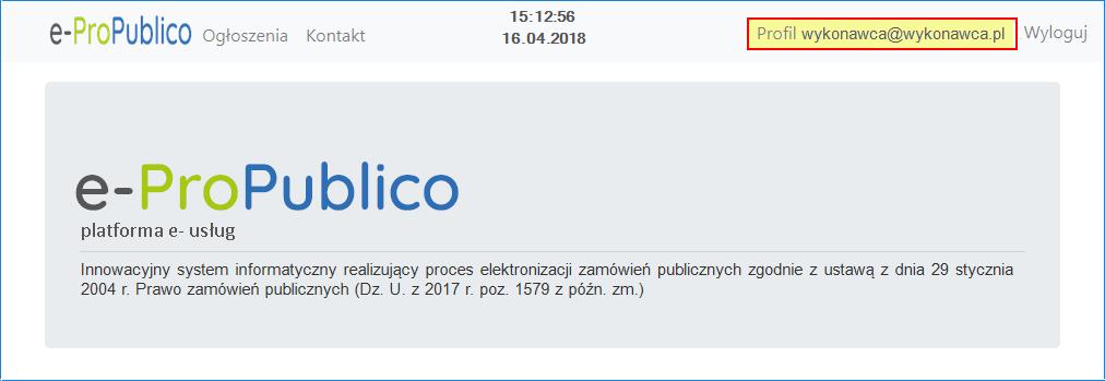 Nieudana próba logowania spowoduje wyświetlenie komunikatu o błędzie: Po prawidłowym zalogowaniu, Platforma przeniesie Użytkownika do widoku strony tytułowej, a w prawym górnym rogu widoczny będzie