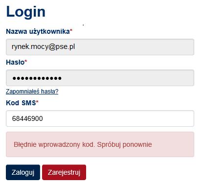 W przypadku błędnego wpisania kodu SMS, zostaje wyświetlony komunikat Błędnie wprowadzony kod. Spróbuj ponownie.