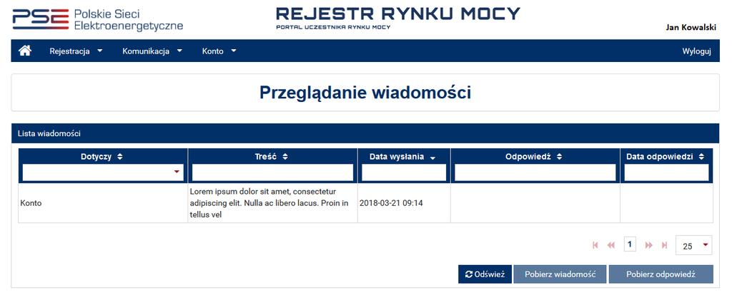 7.2 Przeglądanie wiadomości Aby przeglądać wysłane i odebrane wiadomości, należy z menu głównego PURM wybrać zakładkę Komunikacja, a następnie polecenie Przeglądaj wiadomość.