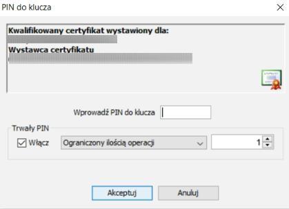 Podpisanie wniosku możliwe jest po kliknięciu przycisku Podpisz oraz podaniu kodu PIN kwalifikowanego podpisu elektronicznego.