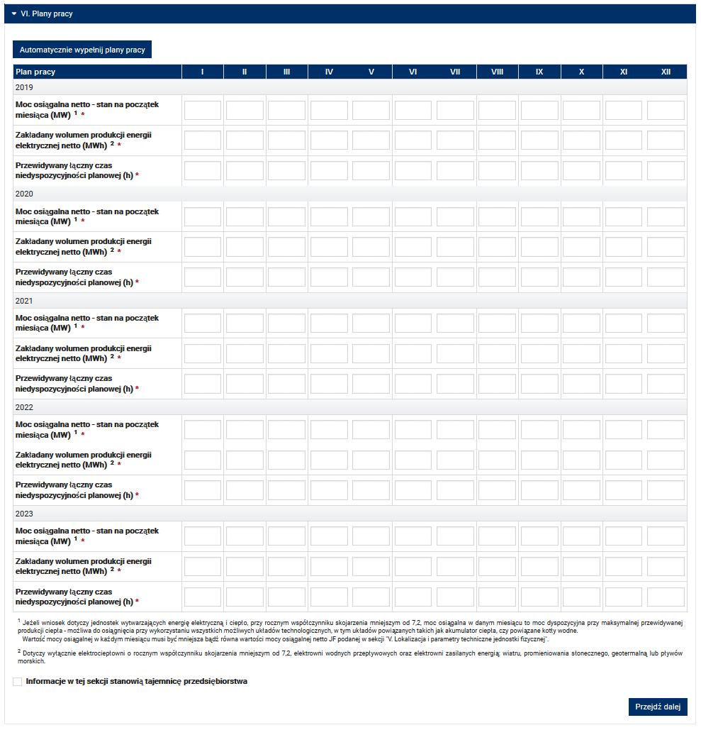 Plan pracy: jednostek kogeneracji o rocznym współczynniku skojarzenia mniejszym od 7,2, elektrowni wodnych oraz elektrowni zasilanych energią: