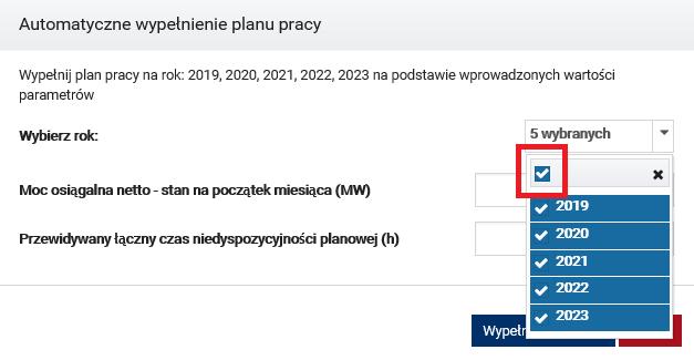 Klikając znacznik na górze listy, można wybrać wszystkie 5 lat, na które należy podać plany pracy jednostki.