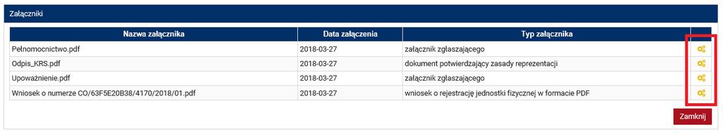 Obecność żółtej ikony po prawej stronie tabeli z dokumentami oznacza, że proces skanowania jest w toku i pobranie załączników będzie możliwe dopiero po jego zakończeniu. 6.