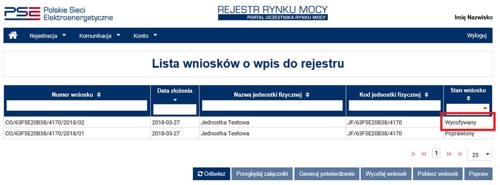 Po kliknięciu przycisku Wycofaj wniosek, w polu tekstowym należy opisać przyczynę wycofania wniosku o wpis do rejestru jednostki fizycznej.