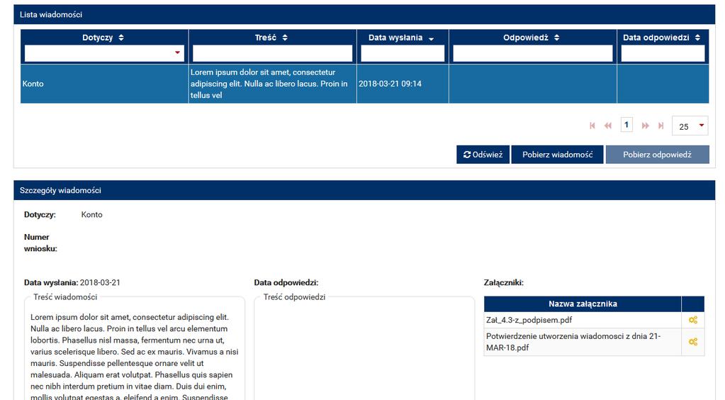 Użytkownik ma możliwość pobrania pełnej treści wiadomości oraz odpowiedzi w postaci dokumentu PDF.