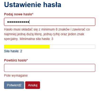 Dodatkowym kryterium jest siła hasła. Zostaje ona wyświetlona użytkownikowi pod polem wpisywania hasła.