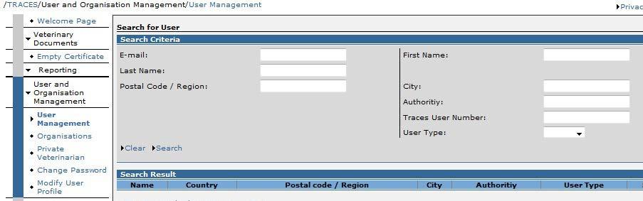 menu Użytkownicy w systemie TRACES Powiadomienie przesłane do WOL Status użytkownika: ZATWIERDZONY Konta użytkowników związanych z właściwymi organami może tworzyć krajowy administrator państwa