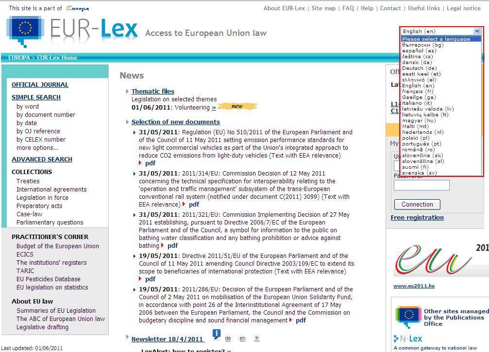 IV.7. Prawodawstwo Menu Prawodawstwo przekierowuje użytkownika do strony startowej EUR-Lex, czyli strony internetowej