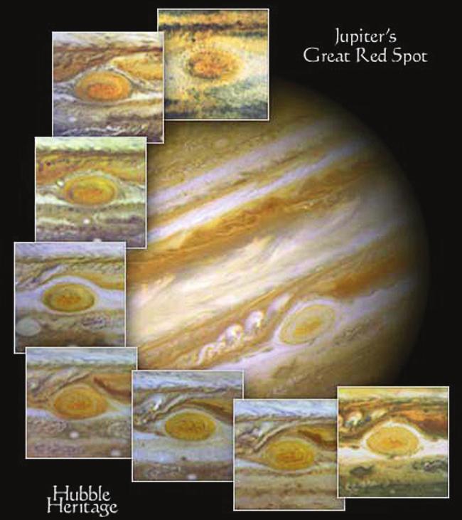 Rys. 44. Czerwona plama na Jowiszu Zewnętrzne warstwy atmosfery Jowisza charakteryzują się bogatą strukturą, której szczegóły można obserwować za pomocą niewielkiego teleskopu lub nawet lornetki.