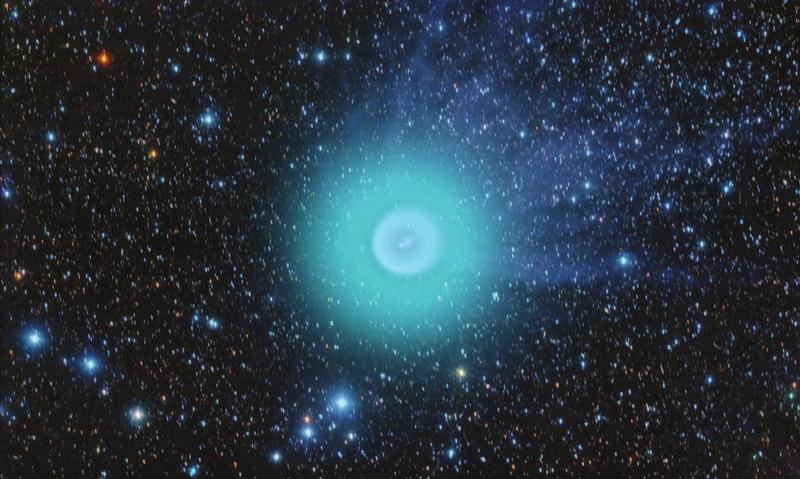 Klasyfikacja widmowa Rys. 11a. Kometa Holmesa Kometa 17P/Holmesa, odkryta 7 listopada 1892 roku, okrąża Słońce w ciągu niespełna 7 lat, po orbicie o dość dużym mimośrodzie e = 0,43.