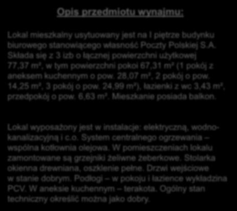 Opis przedmiotu wynajmu: Pokoje i aneks kuchenny Lokal