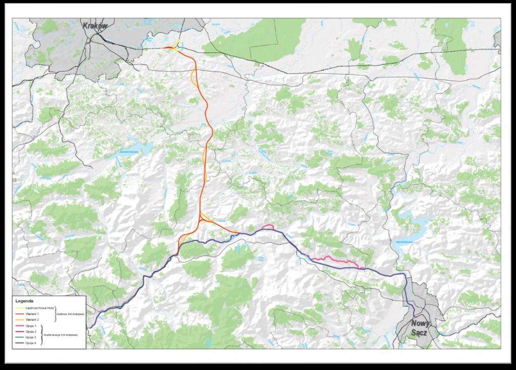 Analizowane scenariusze realizacji projektu Podłęże W ramach projektu opracowano: 2 warianty przebiegu dla nowych linii nr 622 i nr 623, 4 opcje