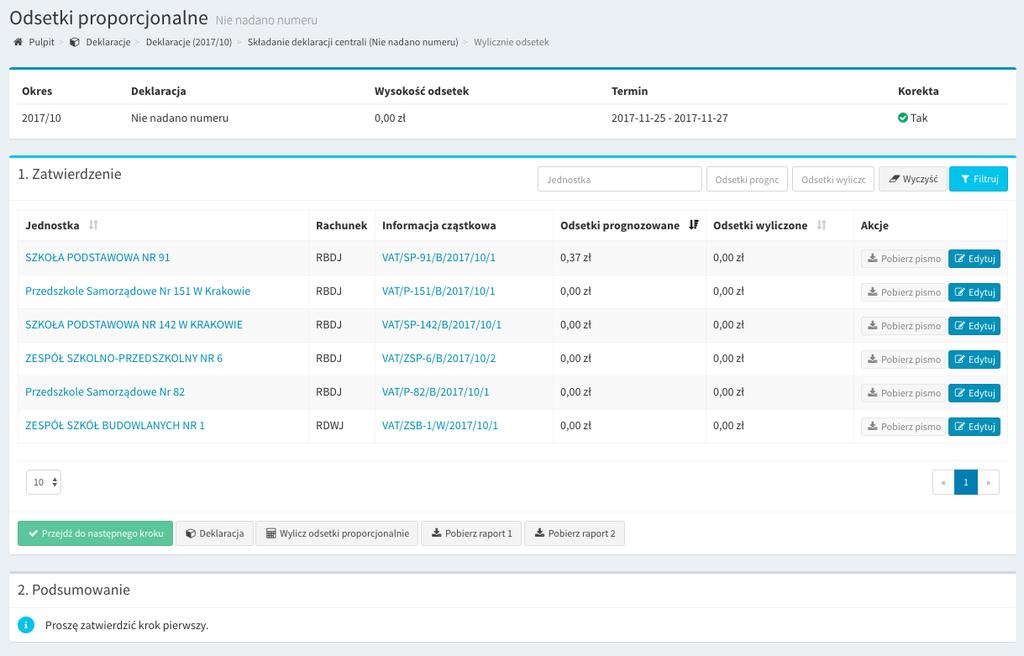 Wyliczenie odsetek proporcjonalnych W menu odsetek proporcjonalnych należy kliknąć przycisk WYLICZ ODSETKI PROPORCJONALNE po kliknięciu system rozdzieli proporcjonalnie kwotę odsetkową przypisaną do