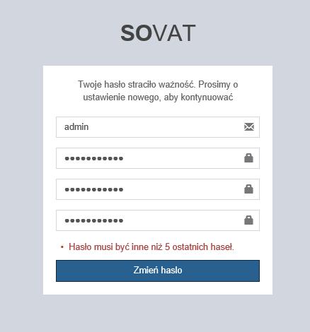 Zmiana hasła Dla użytkowników korzystających z logowania SOVAT (nie będących w Active Directory UMK) system wymusza zmianę hasła w systemie co 30 dni.