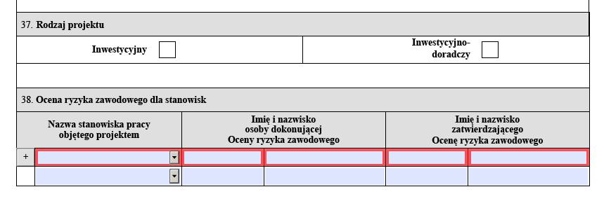 7. W tabeli 4.2 Wnioskowane kwoty dofinansowania, w pkt 38 należy wstawić nazwy stanowisk pracy, dla których zostały przygotowane Oceny ryzyka zawodowego.