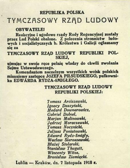 Afisz proklamujący powstanie Tymczasowego Rządu Ludowego Igancego Daszyńskiego (domena publiczna) 7 LISTOPADA 1918 W Lublinie lewica