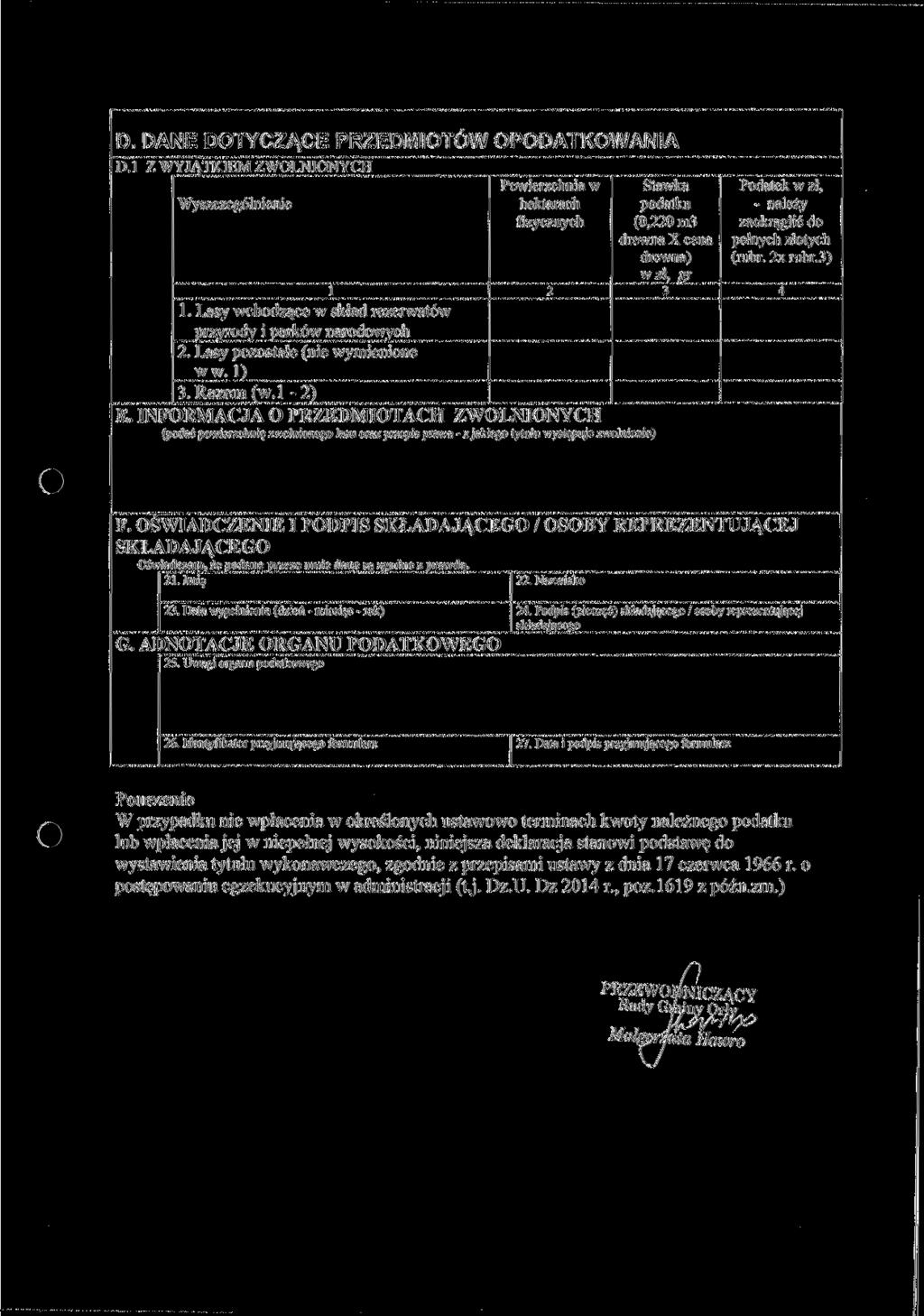D. DANE DOTYCZĄCE PRZEDMIOTÓW OPODATKOWANIA D.