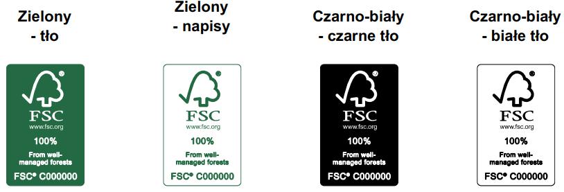 Etykiety produktowe FSC i logo FSC Etykiety produktowe FSC i logo FSC można stosować w następujących wariantach kolorystycznych: Należy stosować kolor zielony Pantone 626C (lub R0 G92 B66 / C81 M33
