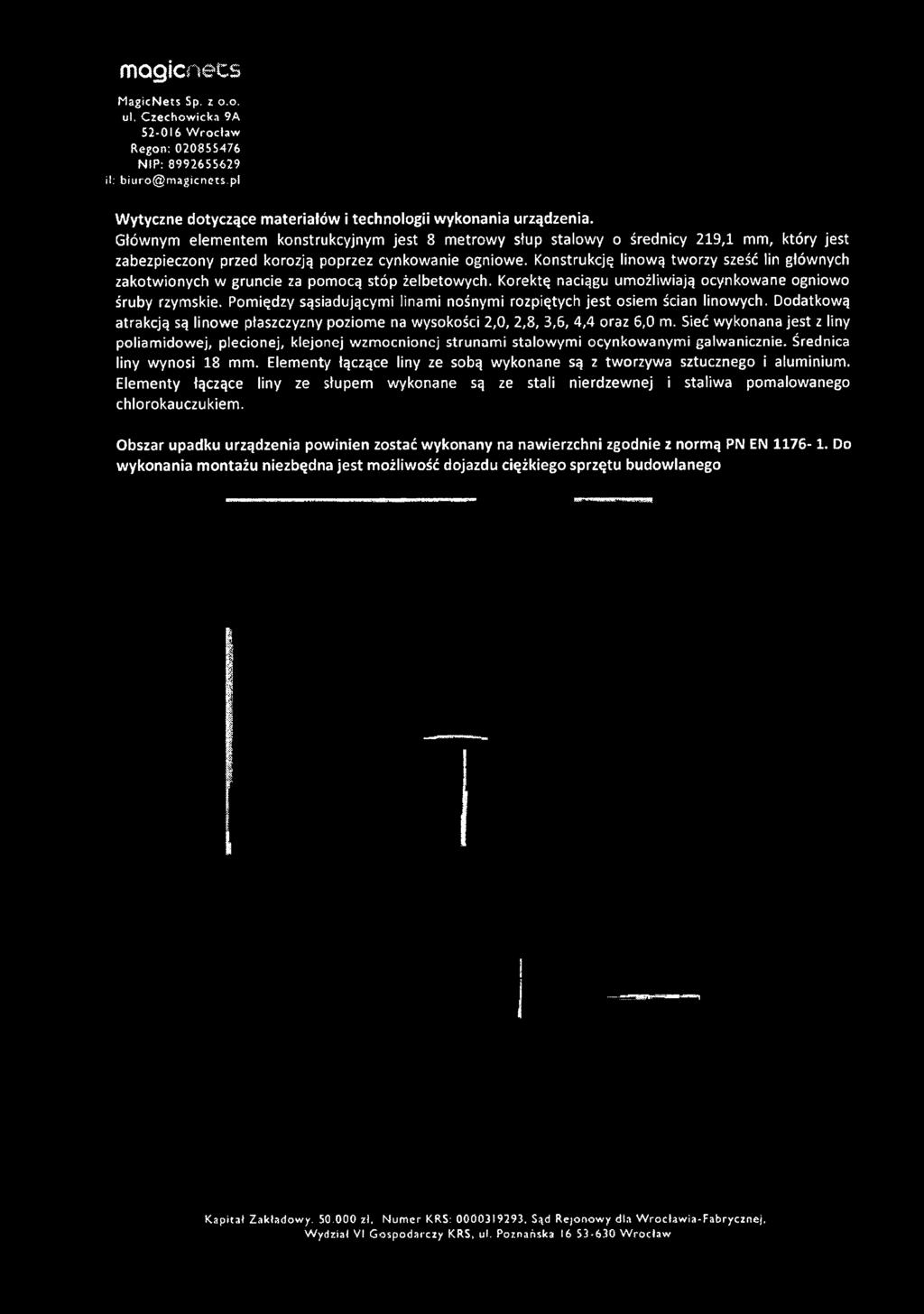 Sieć wykonana jest z liny poliamidowej, plecionej, klejonej wzmocnionej strunami stalowymi ocynkowanymi galwanicznie. Średnica liny wynosi 18 mm.