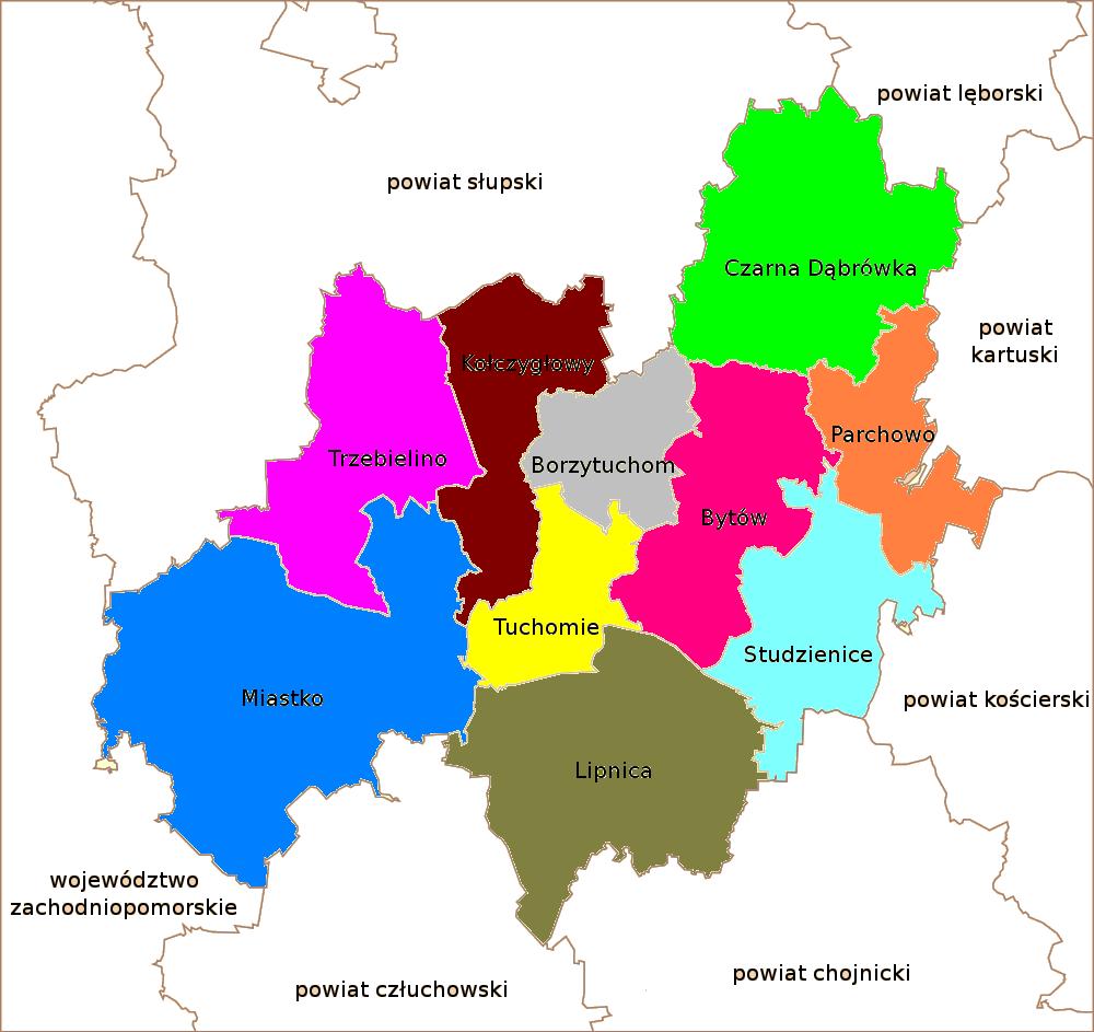Mapa powiatu bytowskiego BYTOWSKIM INFORMACJA O POWIECIE Powiat Bytowski obejmuje 10 gmin, zajmuje powierzchnię 2193 km2.