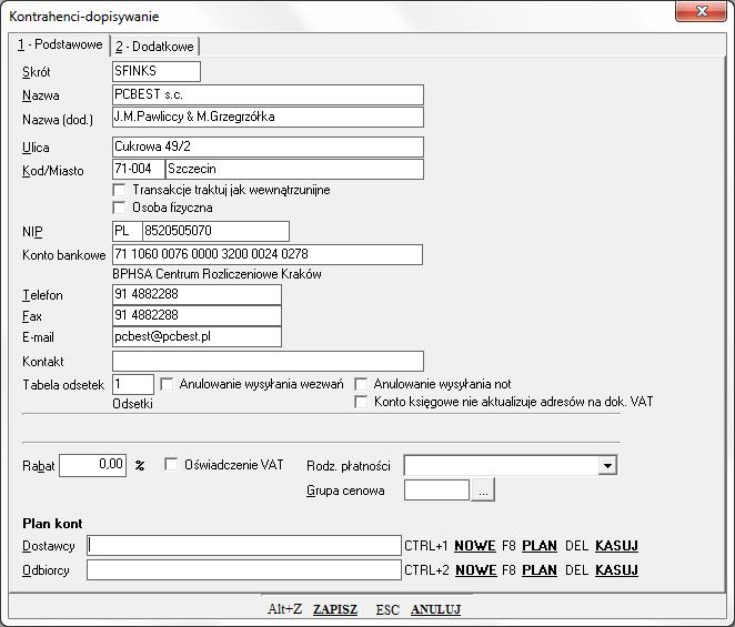 6.2 Kontrahenci Miejsce systemu SFINKS przeznaczone na dopisywanie nowych kontrahentów. Funkcja ta dostępna jest również w bardzo wielu innych miejscach programu. 6.2.1 Dopisanie kontrahenta Skrót można całkowicie pomijać!