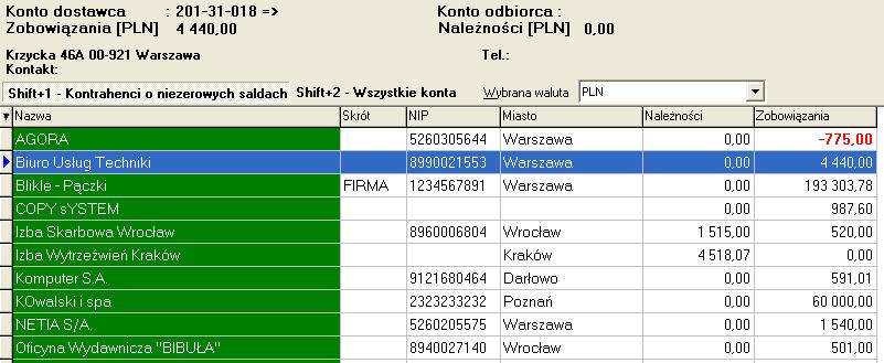 Symbole kont kontrahenta Dane kontrahenta Przełączniki pozwalające wybierać wyłącznie kontrahentów z saldami (tak jest ustawione w przykładzie) bądź wszystkich kontrahentów Istotne tylko dla tych